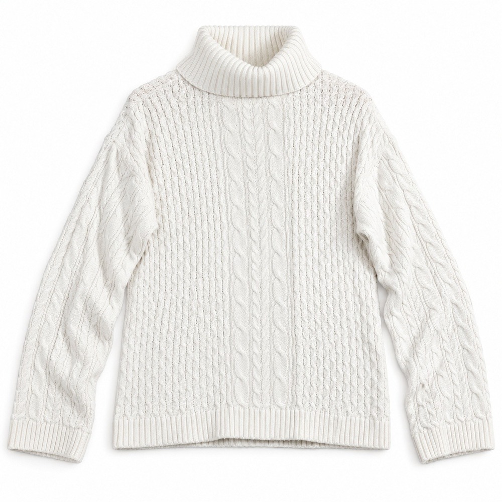 Womens M White Cable Knit Turtleneck Sweater Long Sleeve Cozy Pullover